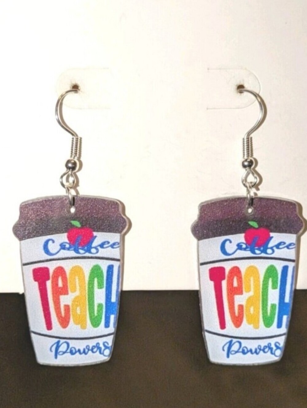 Teacher Coffee Power Rainbow Cup Earrings - White & Multicolor